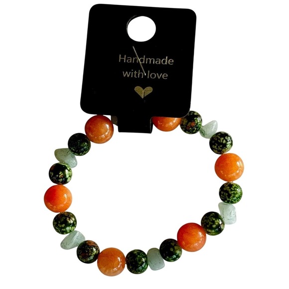 Handmade Beaded Bracelet Orange Green Round Gemstone Style Fashion Jewelry - Picture 1 of 2